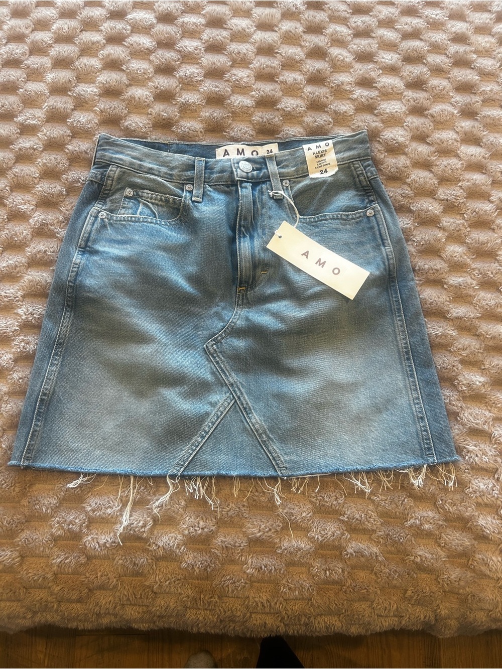 AMO Light Blue Distressed Denim Mini Skirt
